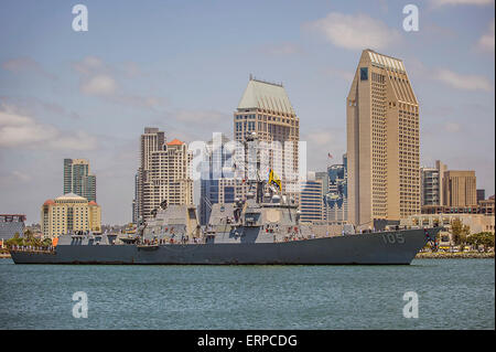 US Navy Arleigh Burke-class guided-missile destroyer USS Dewey returns to homeport following a 10-month deployment June 4, 2015 in San Diego, California. Stock Photo