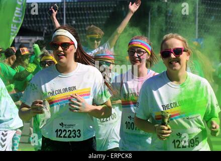 Reykjavik, Iceland. 6th June, 2015. Runners take part in the Color Run, known as the happiest 5km on the planet, in Reykjavik, Iceland, June 6, 2015. This was the first Color Run held in Iceland. Credit:  Huang Xiaonan/Xinhua/Alamy Live News Stock Photo