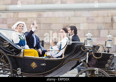 Swedish royal family (part of) on National Day. From left Victoria, Daniel, Estelle, Sofia Hellqvist, Carl Philip Stock Photo