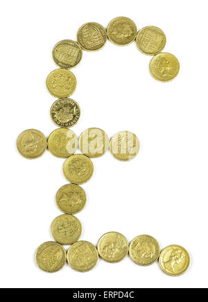 Pound sign made from British pound coins on a white background. Stock Photo