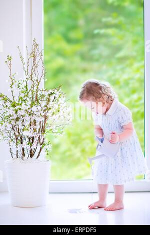 Cute little girl, funny toddler with curly hair wearing a blue festive dress, watering flowers - cherry blossom tree Stock Photo