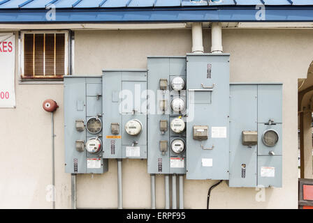 Group of electricity meter, electric meter, or energy meter in United States. Stock Photo