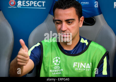 Berlin, Germany. 6th June, 2015. Xavi Hernandez of FC Barcelona reacts prior to the UEFA Champions League final match between Juventus F.C. and FC Barcelona in Berlin, Germany, on June 6, 2015. Credit:  Zhang Fan/Xinhua/Alamy Live News Stock Photo