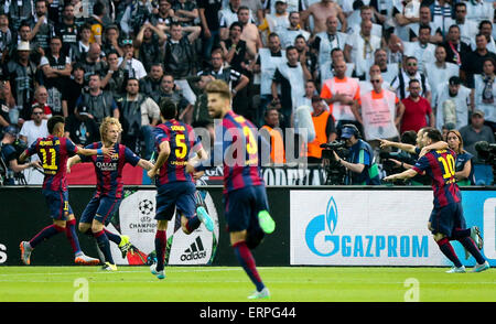 Berlin, Germany. 6th June, 2015. Players of FC Barcelona celebrate a goal during the UEFA Champions League final match between Juventus F.C. and FC Barcelona in Berlin, Germany, on June 6, 2015. Credit:  Zhang Fan/Xinhua/Alamy Live News Stock Photo