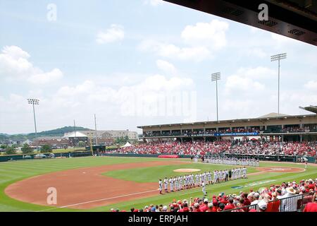 Fayetteville, AR. 6th June, 2015. Arkansas hitter Andrew Benintendi #16  reacts following a four called ball. The Missouri State Bears defeated the  Arkansas Razorbacks 3-1 in the second game of the Super