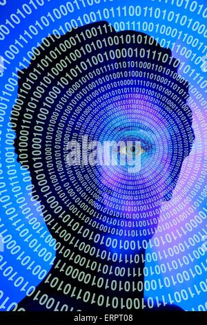 Human eye with binary code, computer artwork. Stock Photo