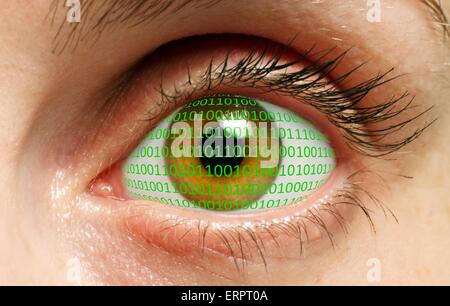 Human eye with binary code, computer artwork. Stock Photo