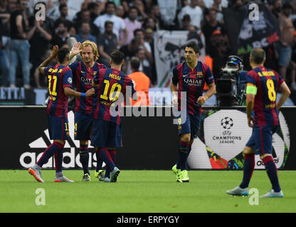 Berlin, Germany. 06th June, 2015. Barcelona's Ivan Rakitic (2-L) celebrates with Neymar (L-R), Lionel Messi, Luis Suarez and Andres Iniesta after scoring the first goal during the UEFA Champions League final soccer match between Juventus FC and FC Barcelona at Olympic stadium in Berlin, Germany, 06 June 2015. Photo: Marcus Brandt/dpa/Alamy Live News Stock Photo