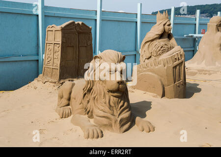 Sand, Sculptures, Promenade, Weston-Super-Mare, Beach; seafront;  Somerset, England UK Stock Photo