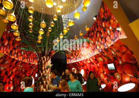 Milan, Italy. 7th June, 2015. People visit a demonstration room introducing palm oils in Malaysia Pavilion at Milan Expo in Milan, Italy, June 7, 2015. The exhibition runs from May 1 to October 31 with the theme of 'Feeding the Planet, Energy for Life'. Credit:  Ye Pingfan/Xinhua/Alamy Live News Stock Photo