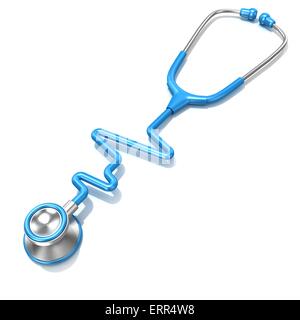 Blue stethoscope in shape of electrocardiogram line ECG, 3D render illustration, isolated on a white background. Side view Stock Photo