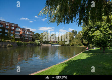 Boats beside River Avon, willows, banks, fishing, Stratford upon Avon,  Warwickshire, UK Stock Photo