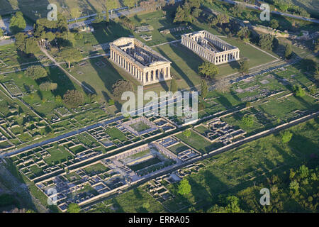 AERIAL VIEW. Greek temples of Hera II or Neptune(left) and Hera (right). Paestum, Province of Salerno, Campania, Italy. Stock Photo