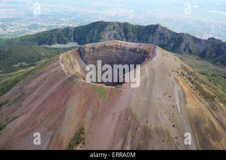 AERIAL VIEW. Crater of Mount Vesuvius (elevation: 1281m), Mount Somma (elevation: 1132m) standing behind. Between Naples and Pompeii, Campania, Italy. Stock Photo