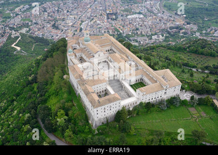 AERIAL VIEW. Montecassino Abbey overlooking the city of Cassino. Province of Frosinone, Lazio, Italy. Stock Photo