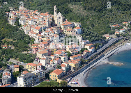 AERIAL VIEW. Picturesque hilltop village on the mountainous Ligurian shores. Cervo, Province of Imperia, Liguria, Italy. Stock Photo