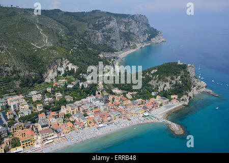 AERIAL VIEW. Picturesque seaside resort on a mountainous coast. Varigotti, Province of Savona, Liguria, Italy. Stock Photo