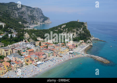 AERIAL VIEW. Picturesque seaside resort on a mountainous coast. Varigotti, Province of Savona, Liguria, Italy. Stock Photo