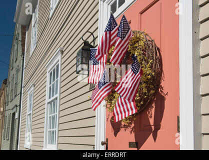 Wreath with flags on a door in Newport, Rhode Island during Memorial Day weekend, 2015. Stock Photo