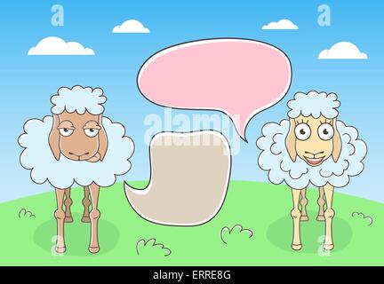 Vector cartoon hand drawn illustration of conversation of two sheep with colorful speech bubbles. Stock Vector