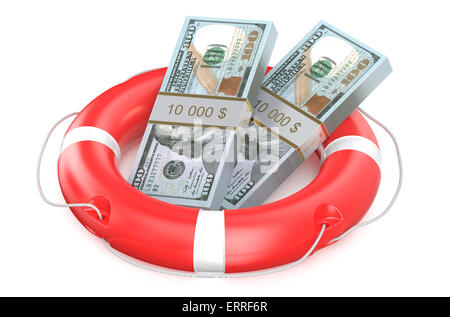 pack of dollars on lifebuoy isolated on white background Stock Photo