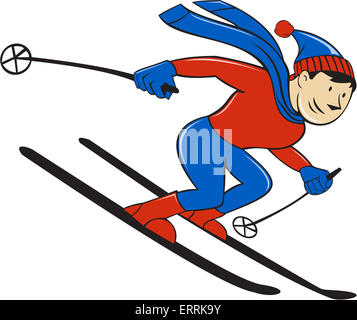 Cartoon style illustration of a skier skiing viewed from side set on isolated white background. Stock Photo