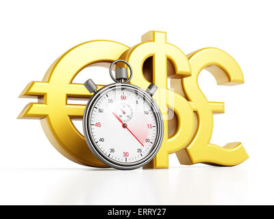 Analogue chronometer, dollar,euro and pound symbols isolated on white background Stock Photo