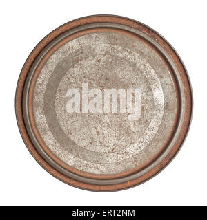 Grungy rusty round tin box with lid isolated on white background Stock Photo