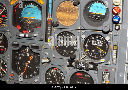 Instruments, dials and buttons inside the prototype cockpit created during the design phase of the Concorde jet. Stock Photo