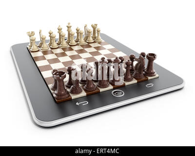 Chess pieces on tablet computer isolated on white background Stock Photo