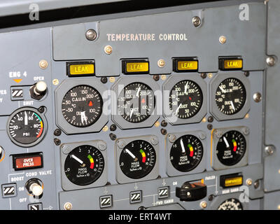 Instruments, dials and buttons inside the prototype cockpit created during the design phase of the Concorde jet. Stock Photo