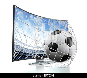 Ball and net going out of 3D curved TV with OLED screen. Stock Photo