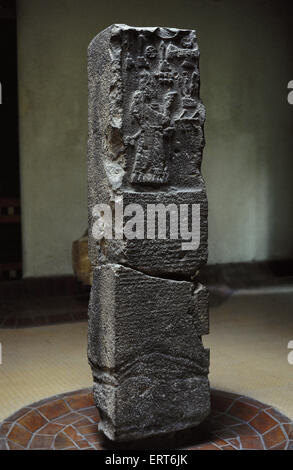Obelisk of king of Assirya Adad-Nirari III (810-783 BC) worshipping divine emblems and inscribed with cuneiform characters. Erected for the Assyrian king Adad, from Sabaa, Yemen. Archeological Museum Istambul. Turkey. Stock Photo