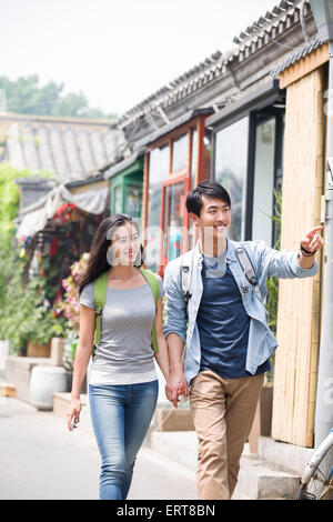 Young couple travelling in Beijing Hutong Stock Photo