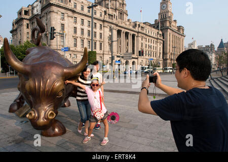 Shanghai Bull Sister of Wall Street Bull. Bronze sculpture of bull on The Bund in Shanghai China. Charging Bull statue by Arturo Stock Photo