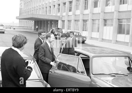 Proud father, Barry Thorns, pictured leaving Birmingham Maternity Hospital, 3rd October 1968. It was reported yesterday, that Sheila Thorns from Birmingham underwent a Caesarean section early this morning during which six children - four boys and two girls - were delivered. In what was been hailed as the first recorded case of live sextuplets in Britain. All the babies were placed in incubators after being delivered. Twenty eight medical staff from Birmingham Maternity Hospital were present at the delivery. Three of the Thorns sextuplets survived, July, Susan & Roger, and went on to live Stock Photo