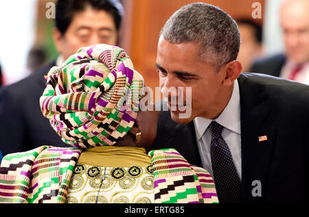 Elmau, Germany. 08th June, 2015. US president Barack Obama greets the chairwoman of the African Union Commission Nkosazana Dlamini-Zuma as he arrives for the outreach conference on occasion of the G7 summit at Elmau Castle in Elmau, Germany, 08 June 2015. The heads of state and government of the seven leading industrialized nations (G7) are scheduled to meet in Elmau Castle, Bavaria, on June 7-8 as the climax of Germany's presidency of the G7. Credit:  dpa picture alliance/Alamy Live News Stock Photo
