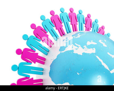 People holding hands around the Earth isolated on white background. Stock Photo