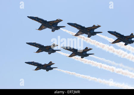 The Blue Angels flight demonstration squadron flyover prior to the 2015 US Naval Academy Graduation and Commissioning ceremony in Annapolis, Maryland. Stock Photo