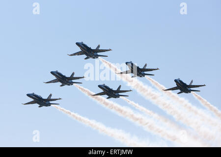 The Blue Angels flight demonstration squadron flyover prior to the 2015 US Naval Academy Graduation and Commissioning ceremony in Annapolis, Maryland. Stock Photo