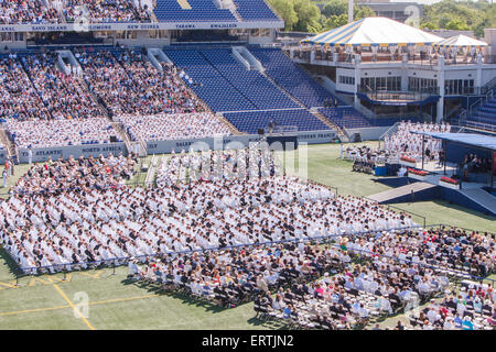 Overhead view of 2015 US Naval Academy Graduation and Commissioning Ceremony at Navy-Marine Corps Memorial Stadium in Annapolis. Stock Photo