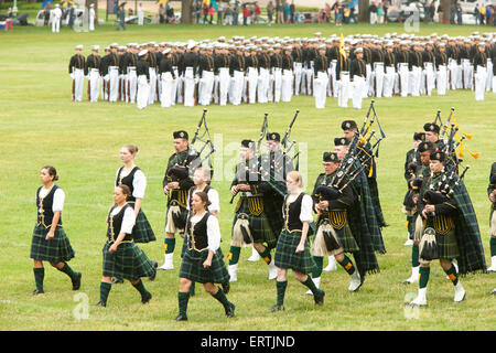 The US Naval Academy Pipes and Drums brigade marches during the Color Parade at Worden Field on May 21, 2015 in Annapolis, Maryland. Stock Photo