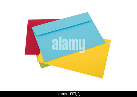 Close up detailed top view of multicolored envelopes on end, isolated on white background. Stock Photo