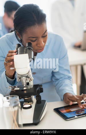Scientist using microscope and digital tablet in research laboratory Stock Photo