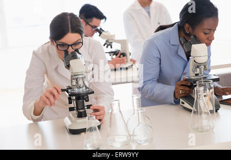 Scientists using microscopes in research laboratory Stock Photo