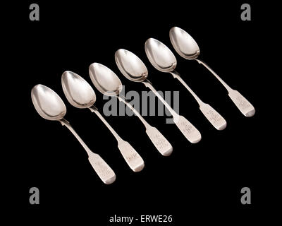 Selection of antique Victorian Sterling Silver spoons by Robert, James & Josiah Williams, Hallmarked Exeter 1847 Stock Photo