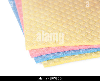 Closeup multicolored sponges for dishwashing isolated on white background Stock Photo