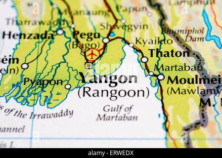 Close up of map of Myanmar and Yangon.  Formerly known as Burma and Rangoon Stock Photo