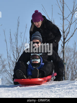 Mother pushing father and daughter on a sledge Stock Photo