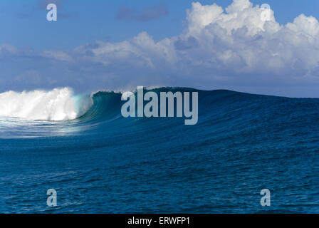 A big and powerful ocean wave breaking near the shore at Teahupoo on the Tahiti island, in French Polynesia Stock Photo